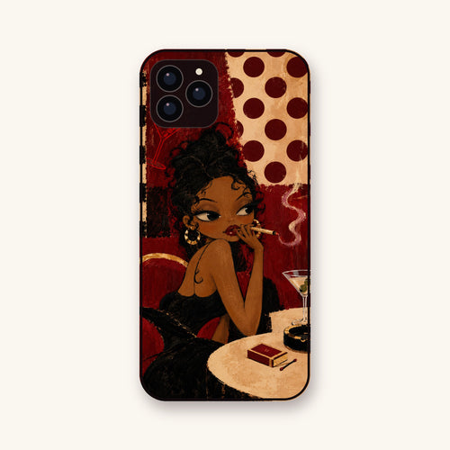 Femme Fatale phone case: vintage illustration of a woman at a smoky bar with a martini, deep reds and polka dots