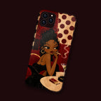 Femme Fatale phone case tilted on a dark background