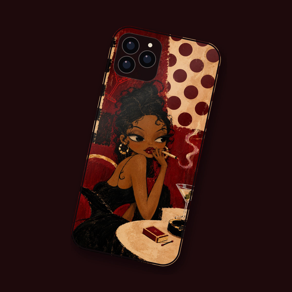Femme Fatale phone case tilted on a dark background