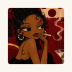 Close-up of the Femme Fatale artwork: gold hoop earrings, red lips and a martini