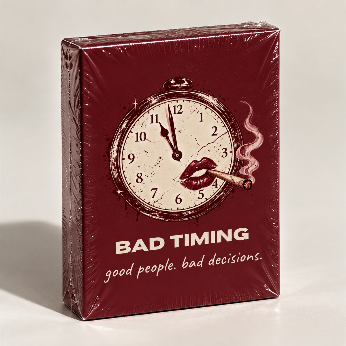 Bad Timing adult party card game, shrink-wrapped deck in burgundy with a cracked pocket watch and red lips