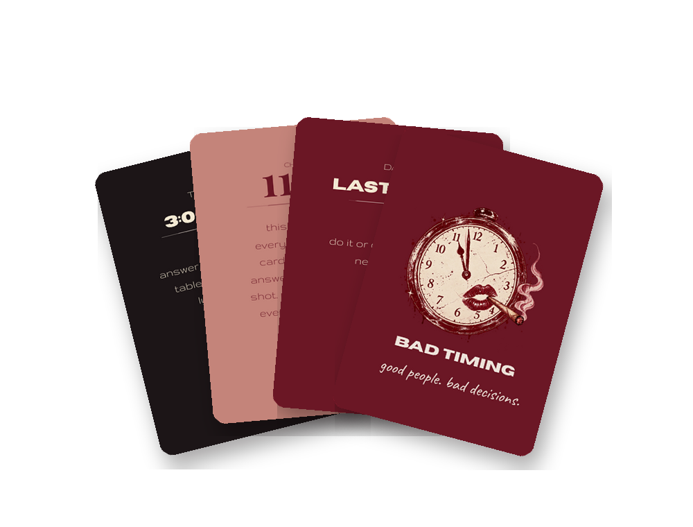 Bad Timing card game: four cards fanned out, including the burgundy card back with a cracked pocket watch