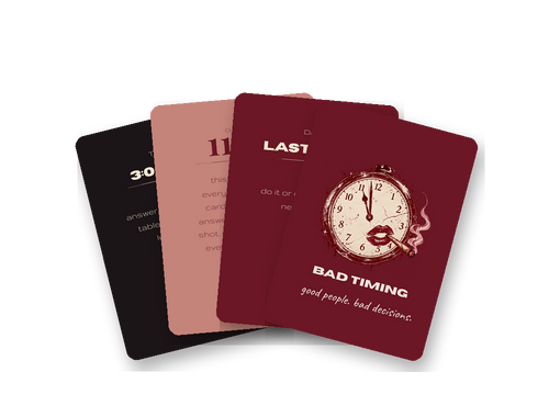 Bad Timing card game: four cards fanned out, including the burgundy card back with a cracked pocket watch