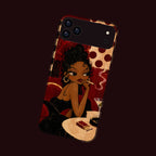 Femme Fatale phone case for iPhone 18 Pro, tilted on a dark background