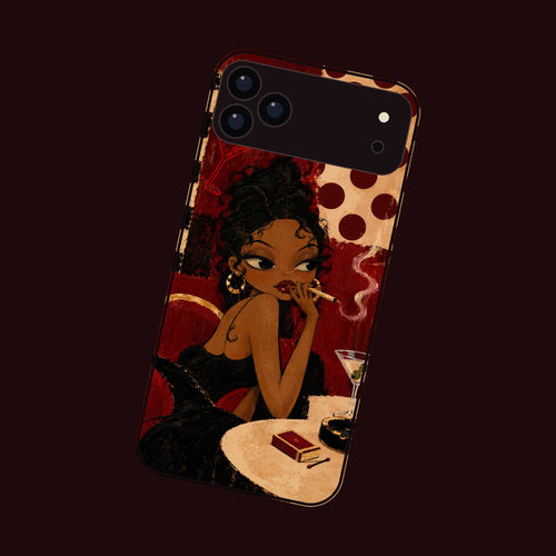Femme Fatale phone case for iPhone 18 Pro, tilted on a dark background